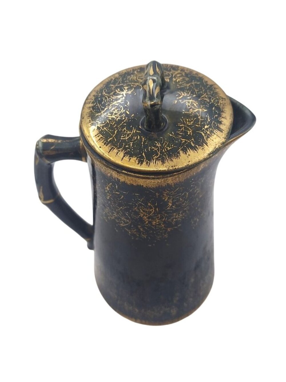 Hot Chocolate Coffee Pot Carafe w/ Lid Ceramic Stoneware Black Gold MCM Vintage